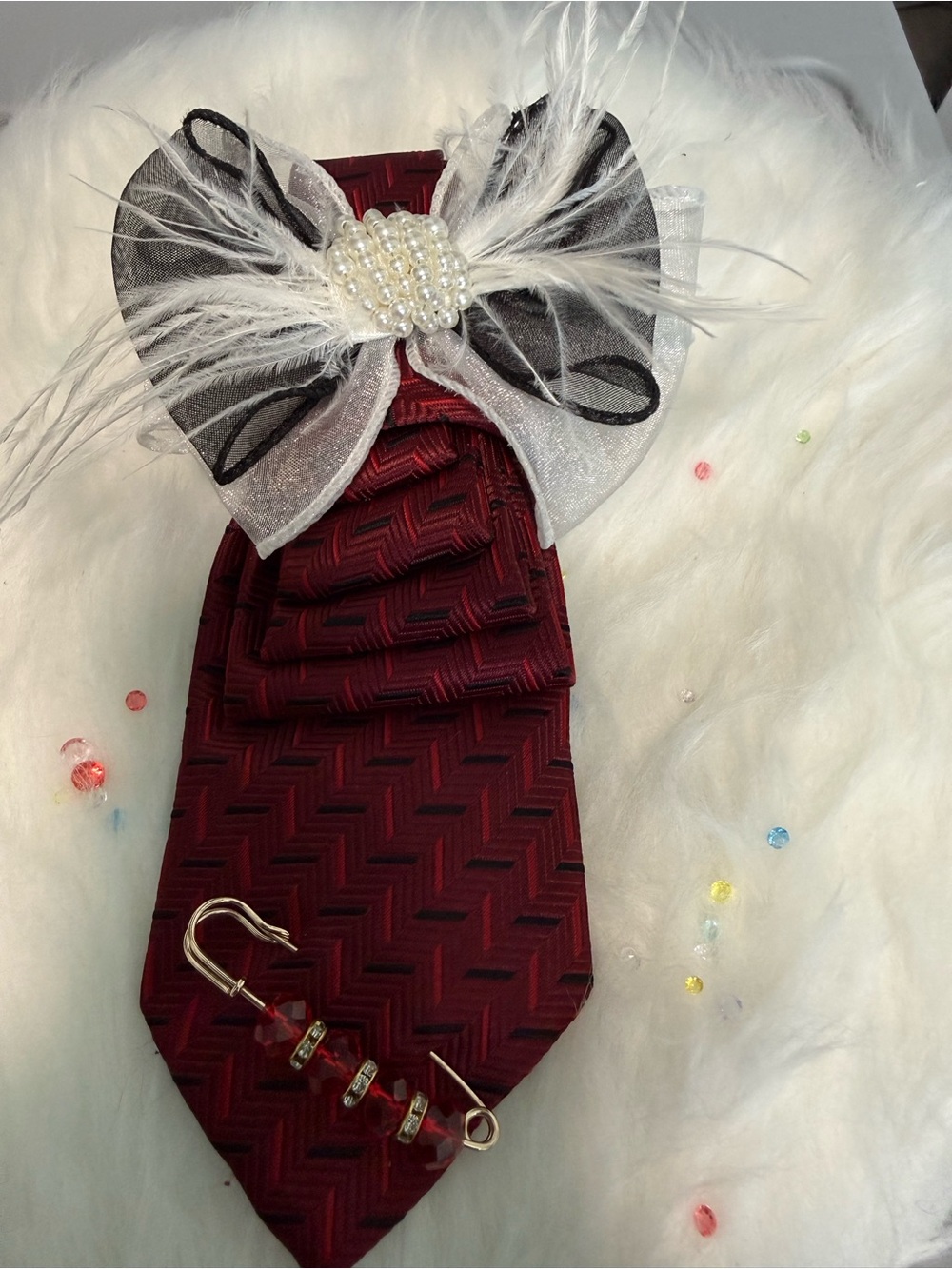 Burgundy Chevron Necktie with Pearl Feather Bow